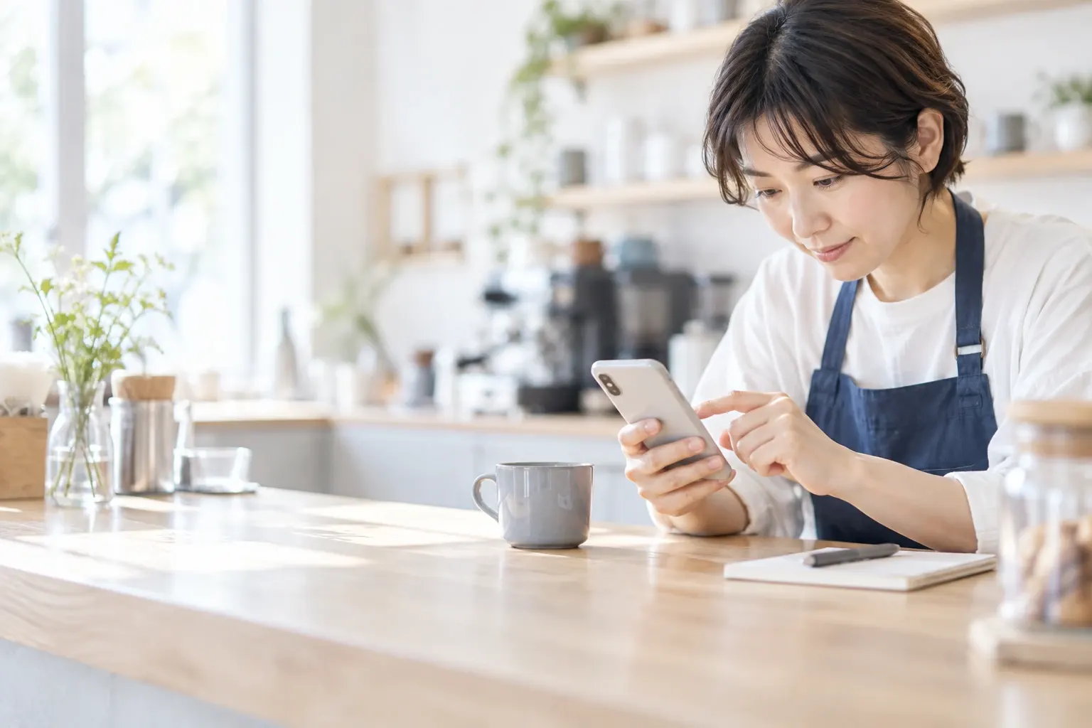 カフェのカウンターで、店主がスマートフォンを操作してお客様へのお知らせを準備している様子